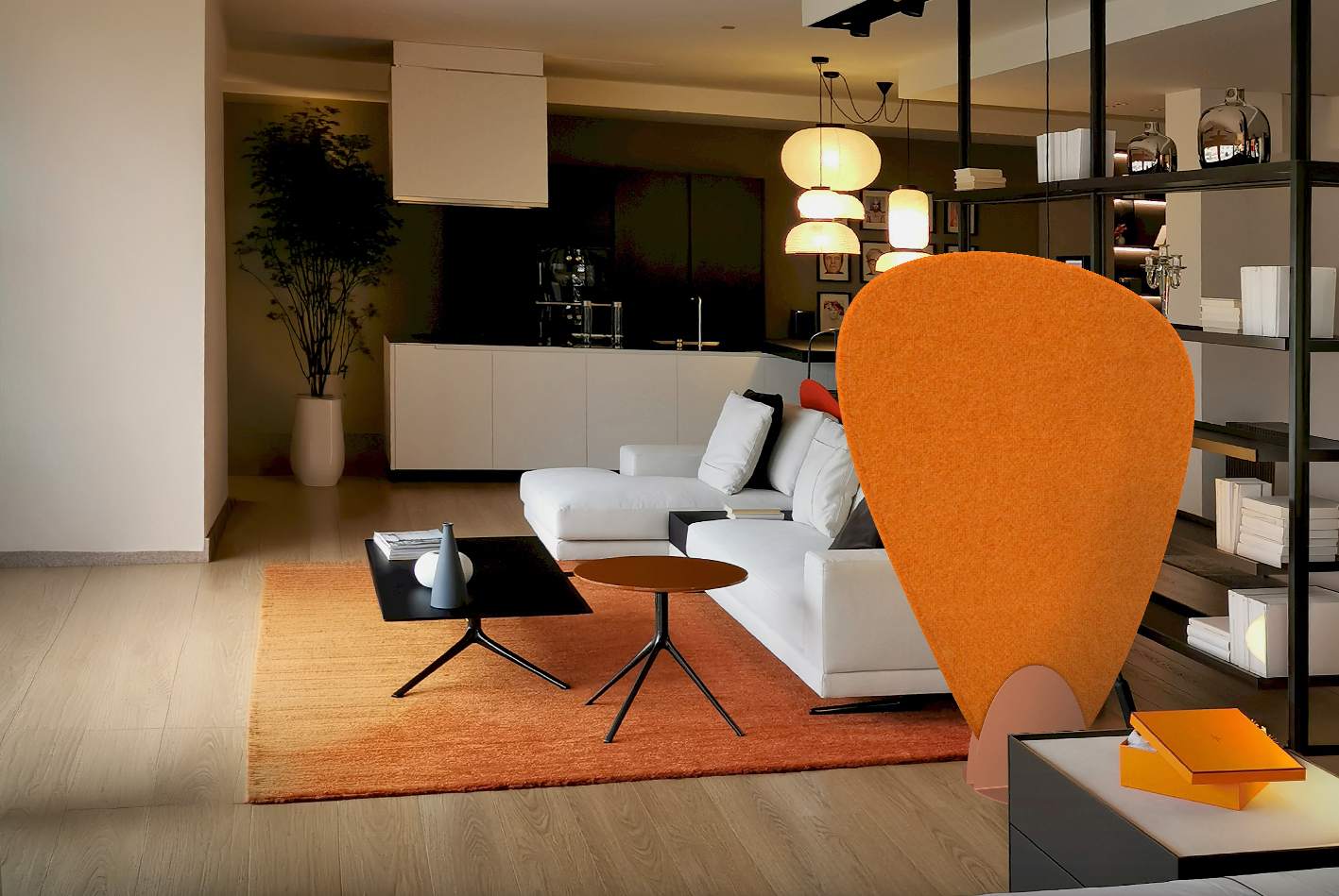 Freestanding acoustic panel in a combined lounge and office