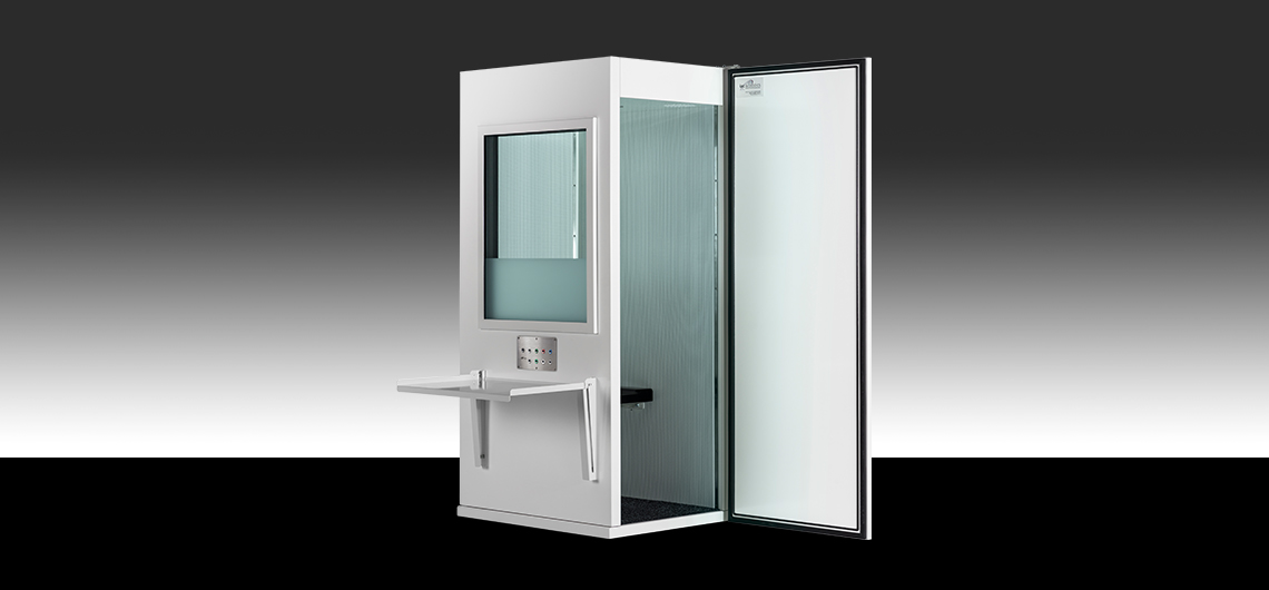 mini audiometry booth with black and white background